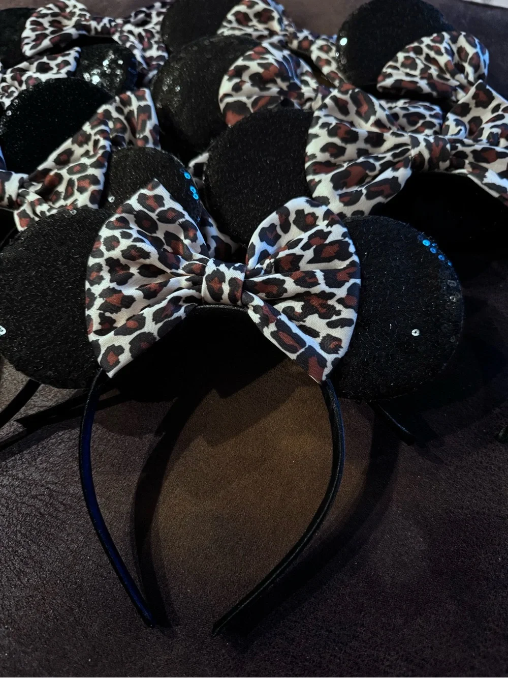 Bulk Lot-10 New Leopard Bow, Black Sequins Minnie Ears Headbands-Wholesale Cost